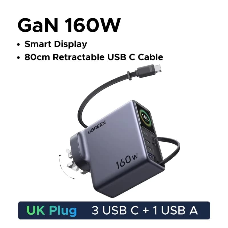 GaN зарядно 160W с изтеглящ се кабел и дисплей