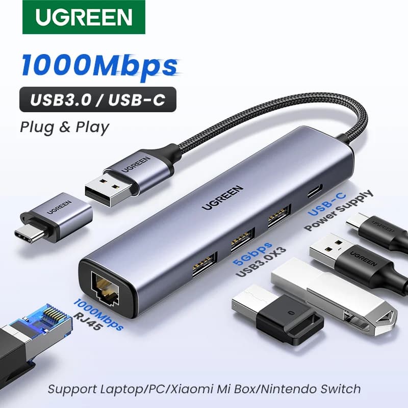 USB-C Ethernet адаптер с RJ45 1000Mbps и USB хъб