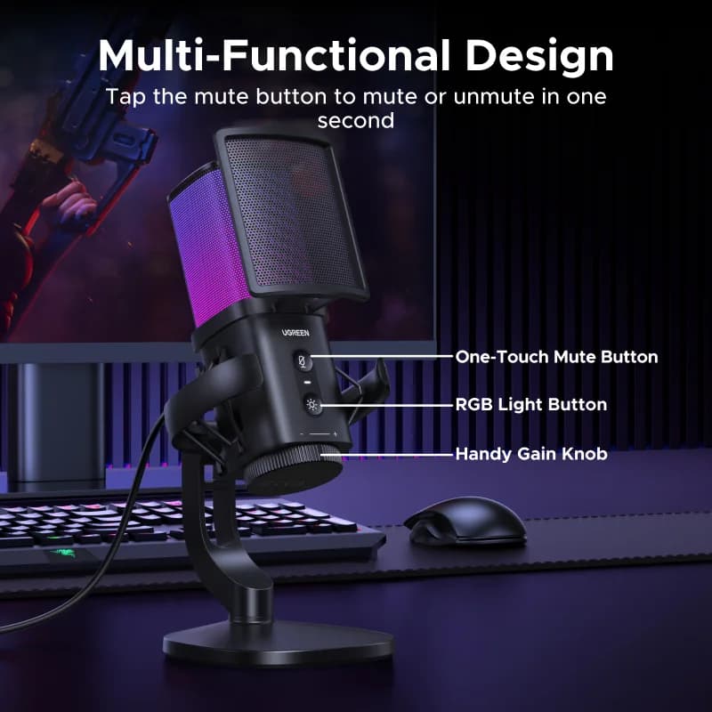 USB микрофон с докосване за заглушаване и RGB осветление