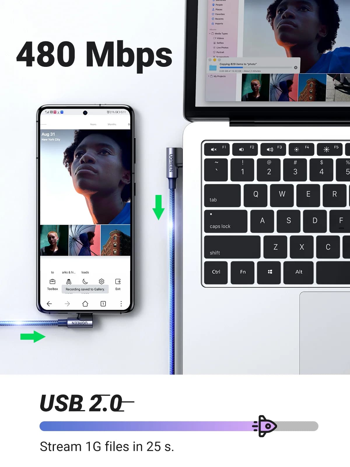 NYLON USB-C към USB-C кабел с ъгъл 90 градуса