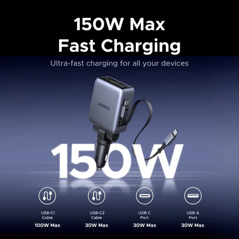 Автомобилен заряден уред 150W с прибиращи се кабели