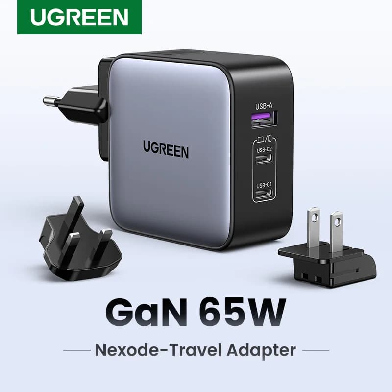 65W GaN пътен адаптер с щепсели US, EU, UK