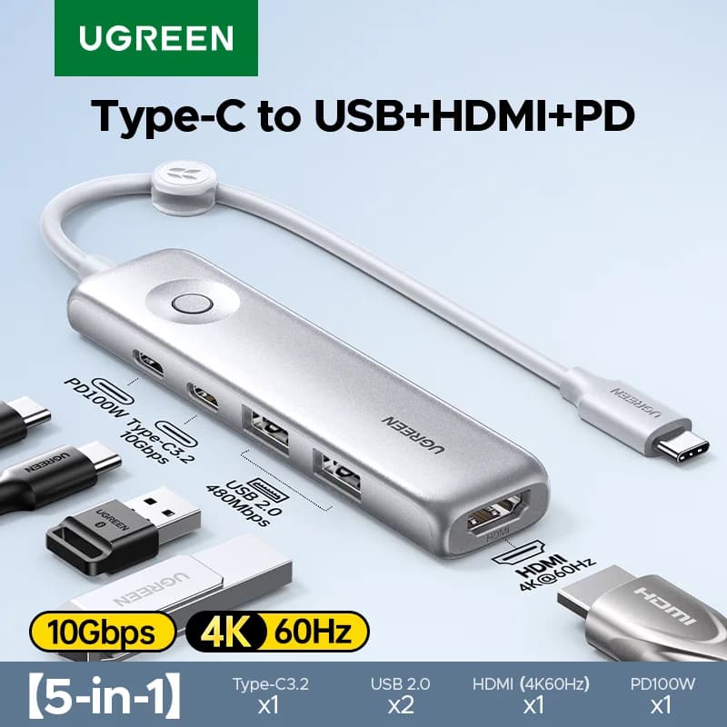 USB-C хъб 5-в-1, 4K HDMI, 10Gbps, PD100W