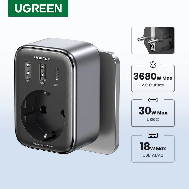 30W GaN PD зарядно с AC контакти и USB портове